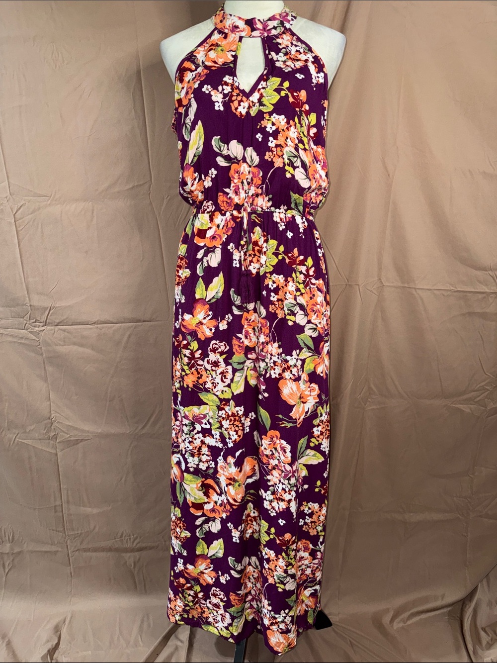 NWOT Xhilaration Purple Floral Halter Maxi Dress with Orange & Green Accents
